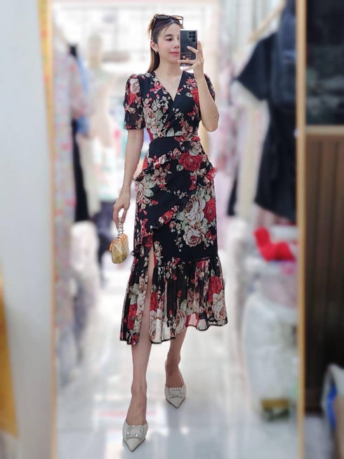 Summer Chiffon V-Neck Half Sleeves Side Slit Maxi Dress